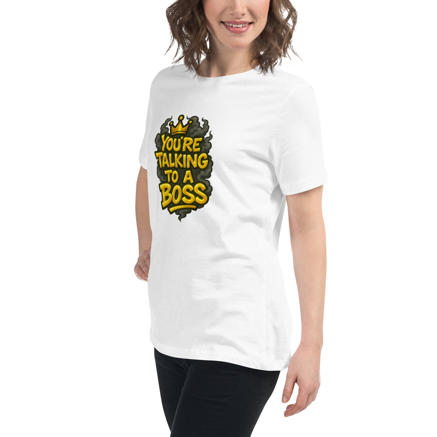 You’re Talking To A Boss T shirt design with bold gold lettering, crown detail and smoky background, perfect for urban streetwear, motivational graphic apparel and custom DTF printing UK