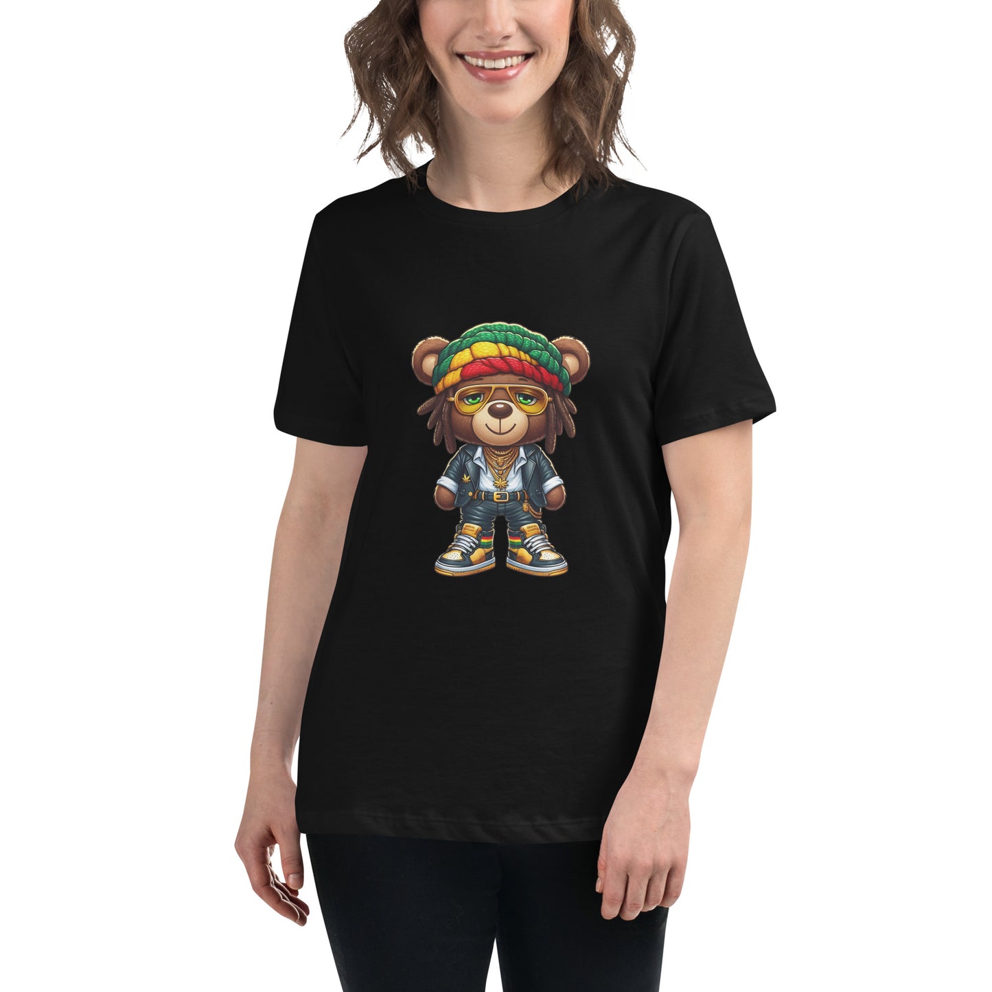Rasta Bear T shirt featuring a colourful reggae-inspired cartoon bear in bold streetwear, ideal for fans of reggae culture and urban fashion and printed with high quality DTF printing in the UK.
