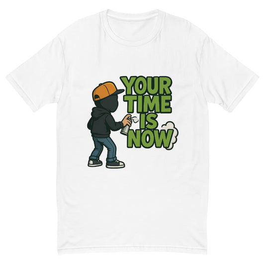Your Time Is Now T shirt design featuring a graffiti-style motivational message and a hooded street artist with a spray can, perfect for inspirational streetwear, urban mindset apparel and professionally printed with high quality DTF printing in the UK