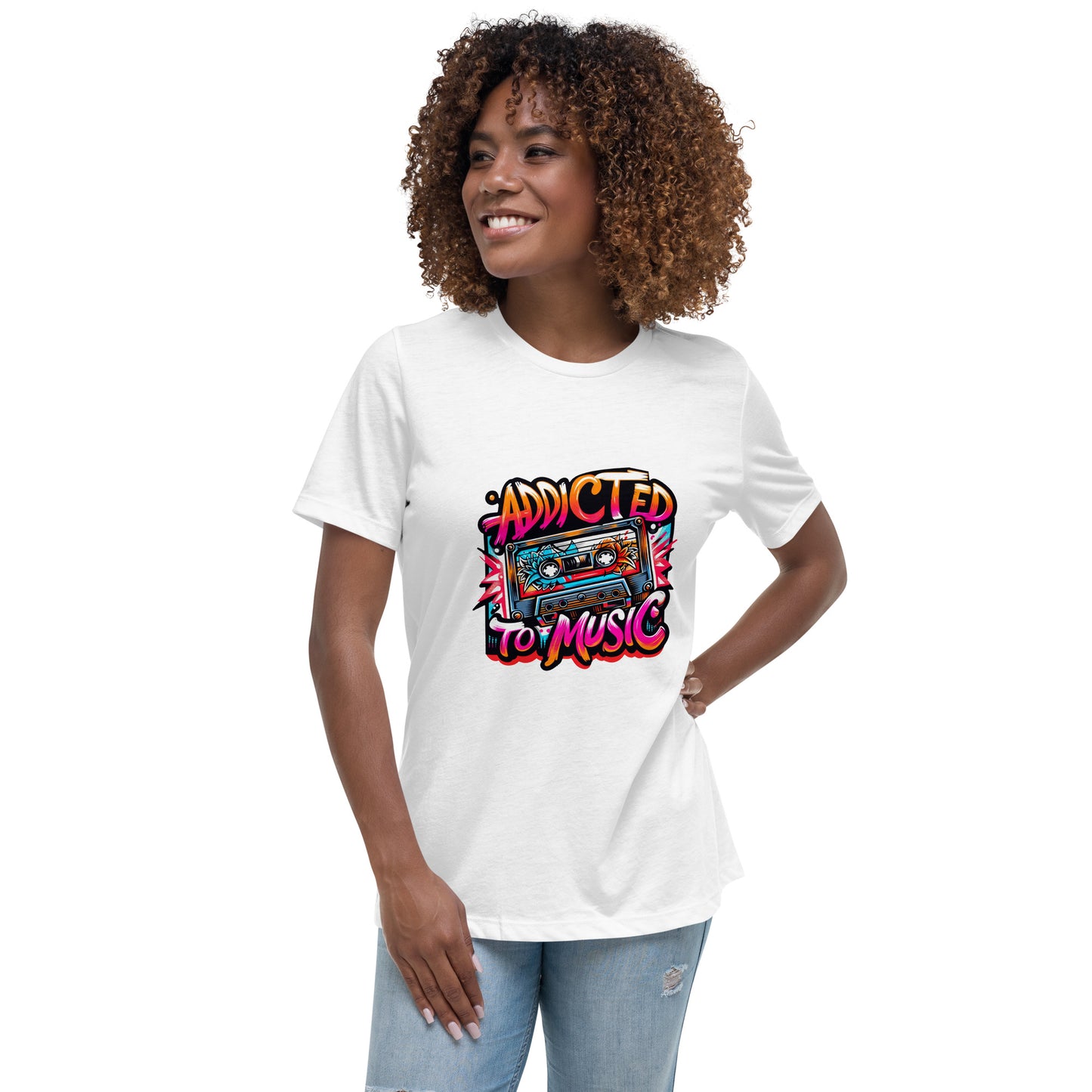 Addicted to Music T shirt featuring a vibrant neon cassette tape with bold retro colours, designed for music lovers in the UK who enjoy expressive streetwear and high quality DTF printed artistic music apparel.
