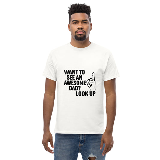 awesome dad printed t shirt with funny quote text and pointing finger graphic design