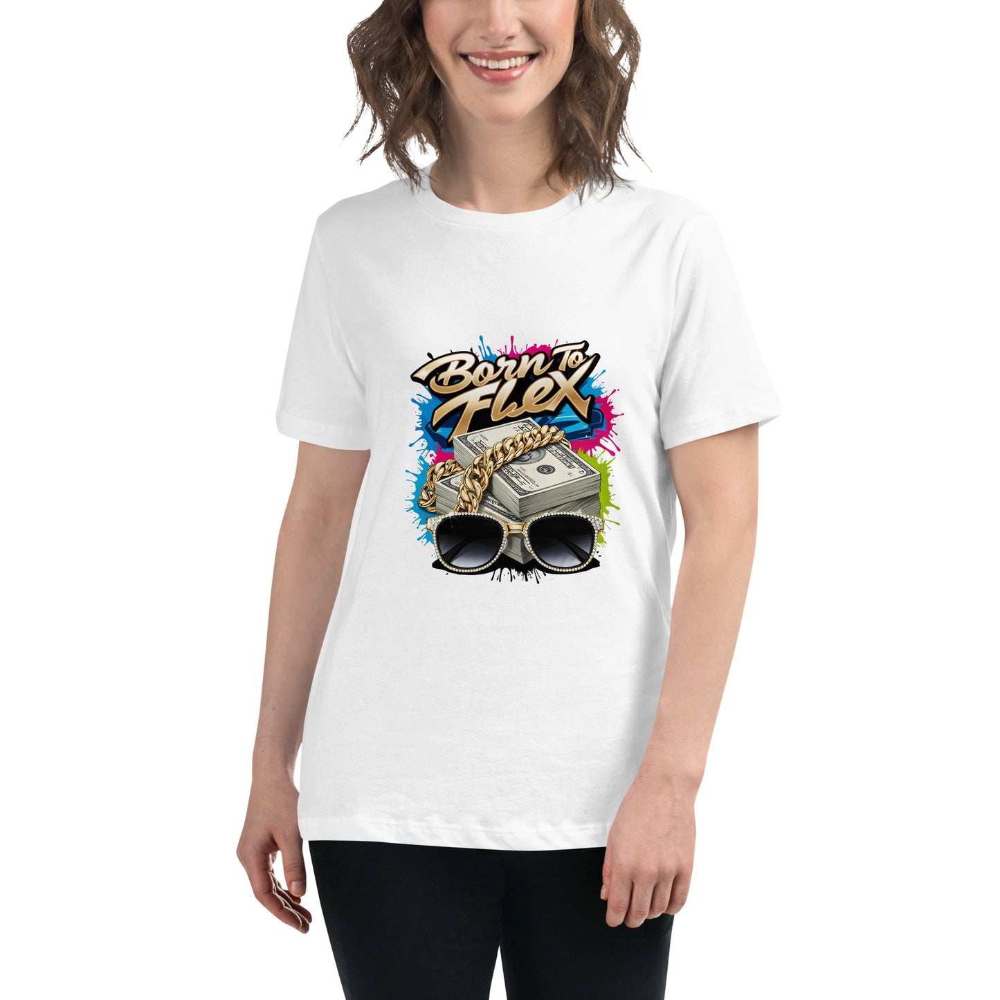 Born to Flex money graphic t-shirt design featuring cash, gold chain and sunglasses in bold streetwear style.