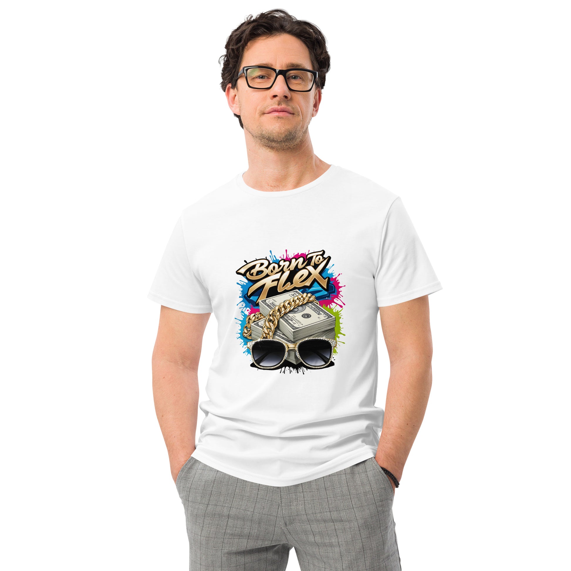Born to Flex money graphic t-shirt design featuring cash, gold chain and sunglasses in bold streetwear style.