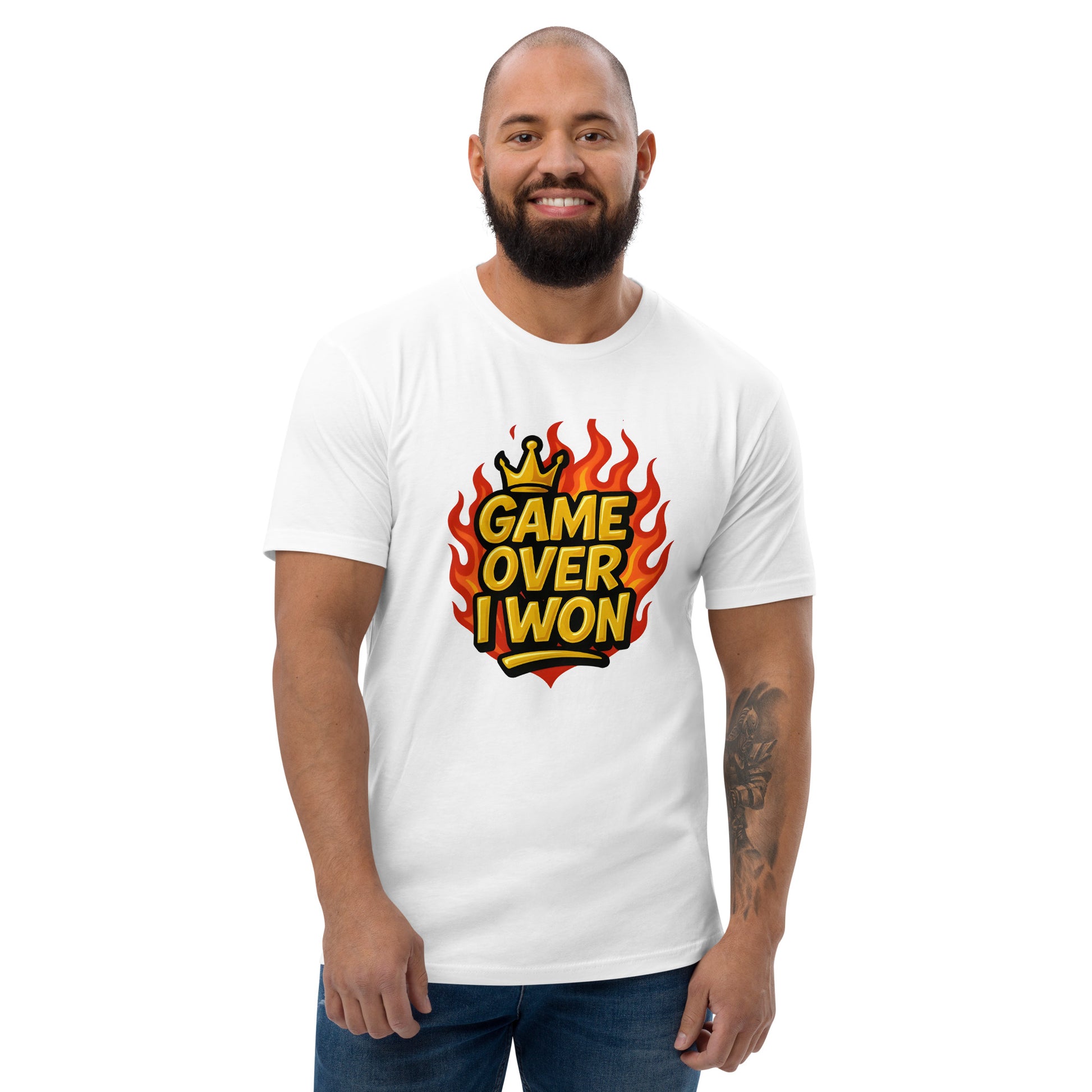 Game Over I Won T shirt design with gold lettering, fiery flame background and crown detail, perfect for gaming apparel, funny gamer tops and high quality DTF printing UK