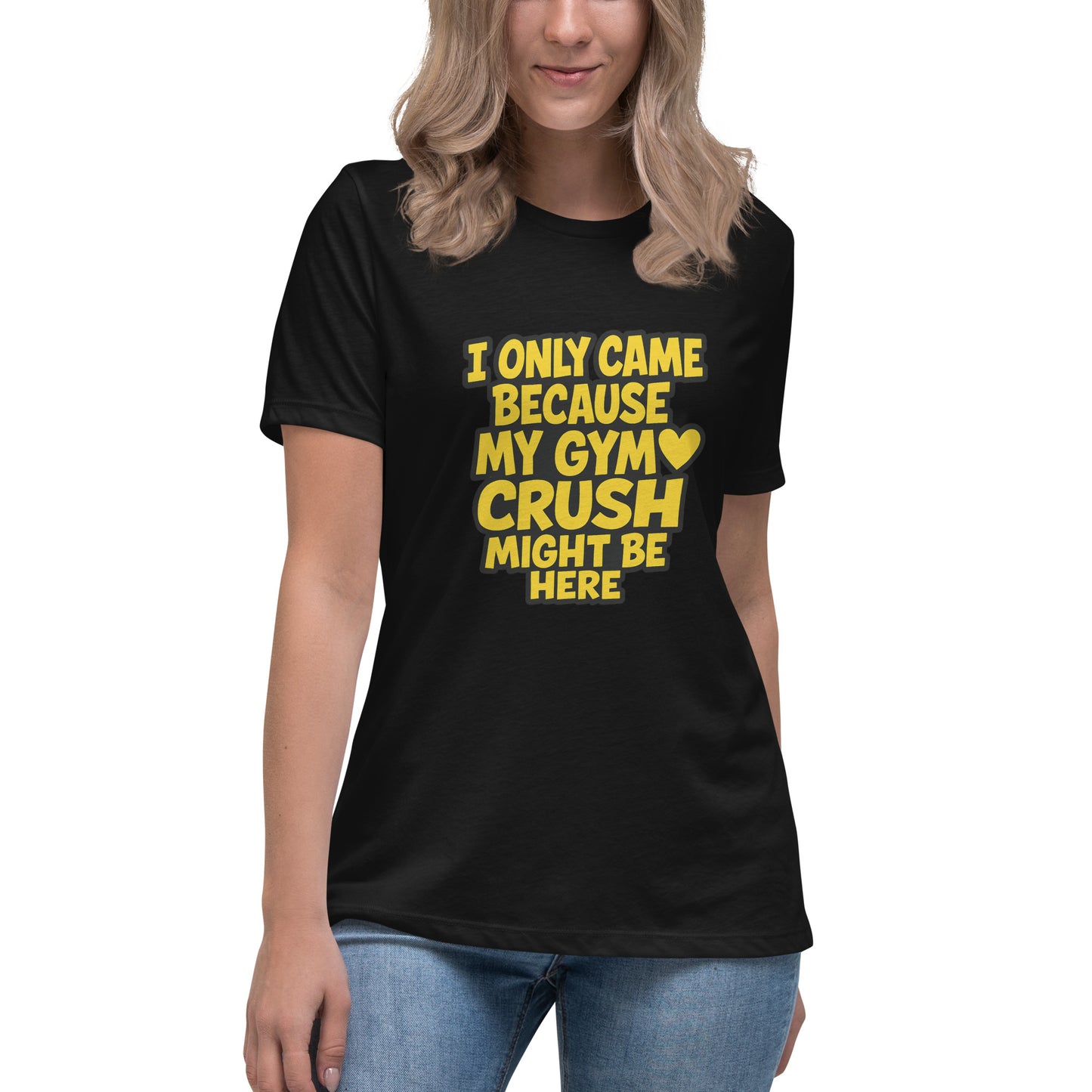 I Only Came Because My Gym Crush Might Be Here T shirt design with bold yellow lettering and heart graphic, perfect for funny gym apparel, fitness humour clothing and custom DTF printing UK