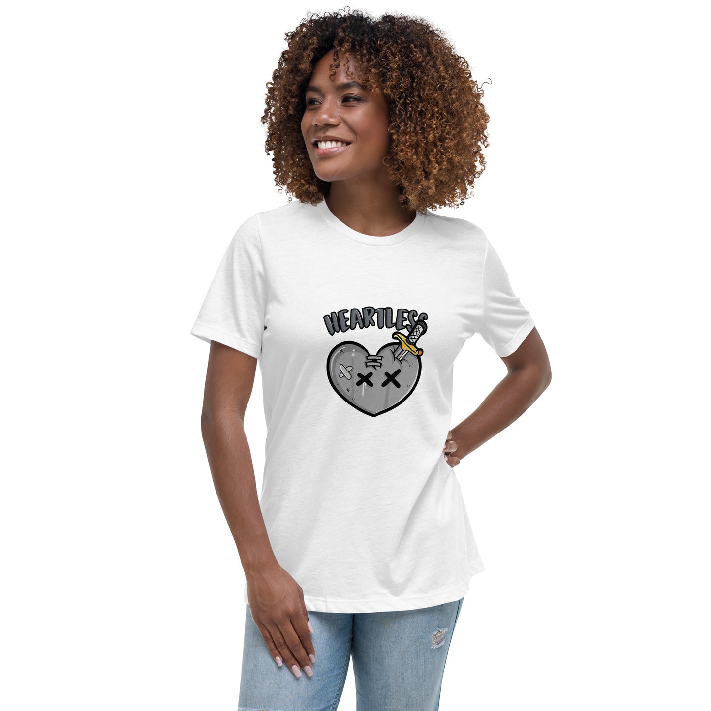 Heartless streetwear T shirt with a broken heart cartoon graphic, dagger artwork and bold lettering, printed with high quality DTF printing in the UK.
