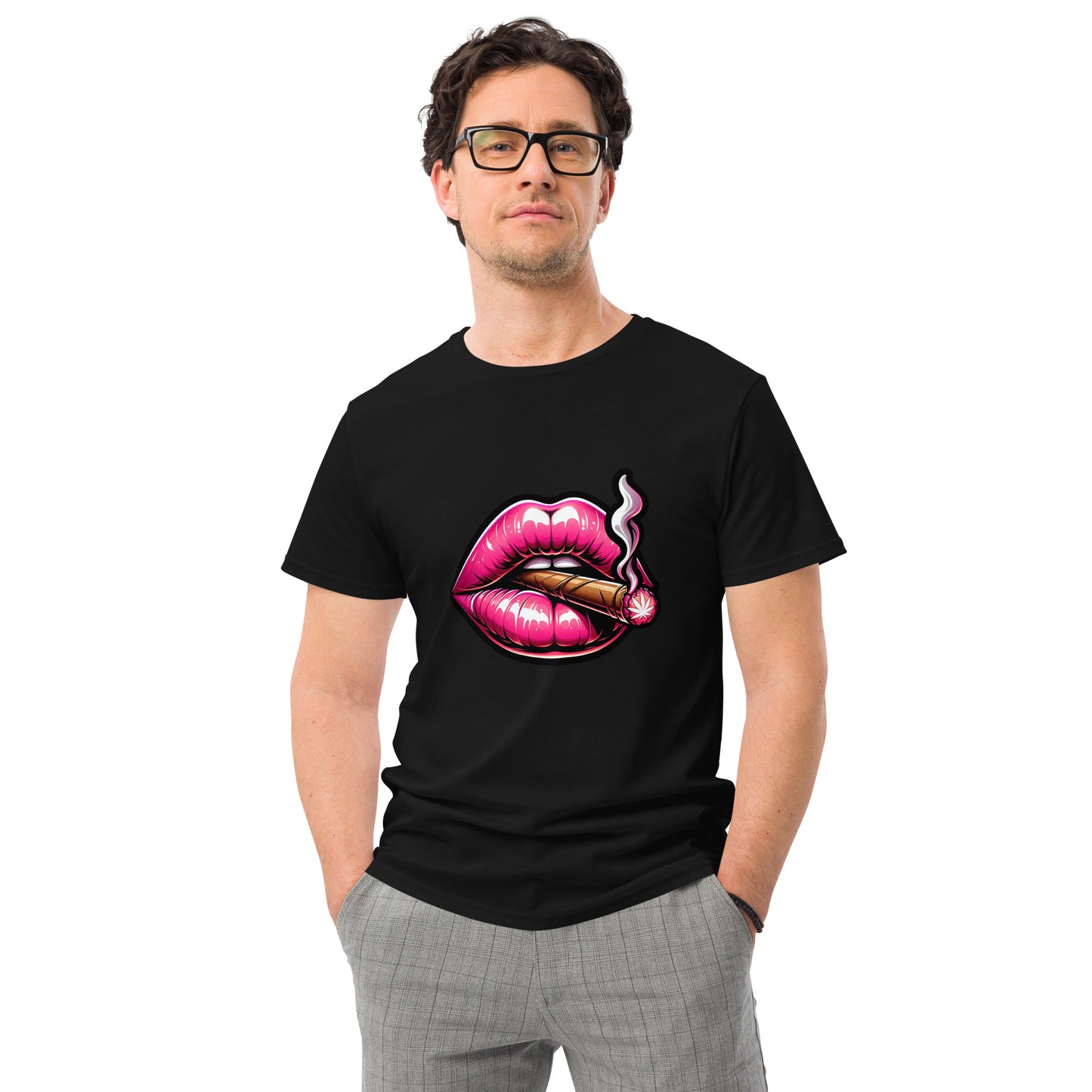 Pink lips T shirt featuring glossy neon lips holding a lit cigar in a bold streetwear art style, created for expressive urban fashion lovers and printed with high quality DTF printing in the UK.

