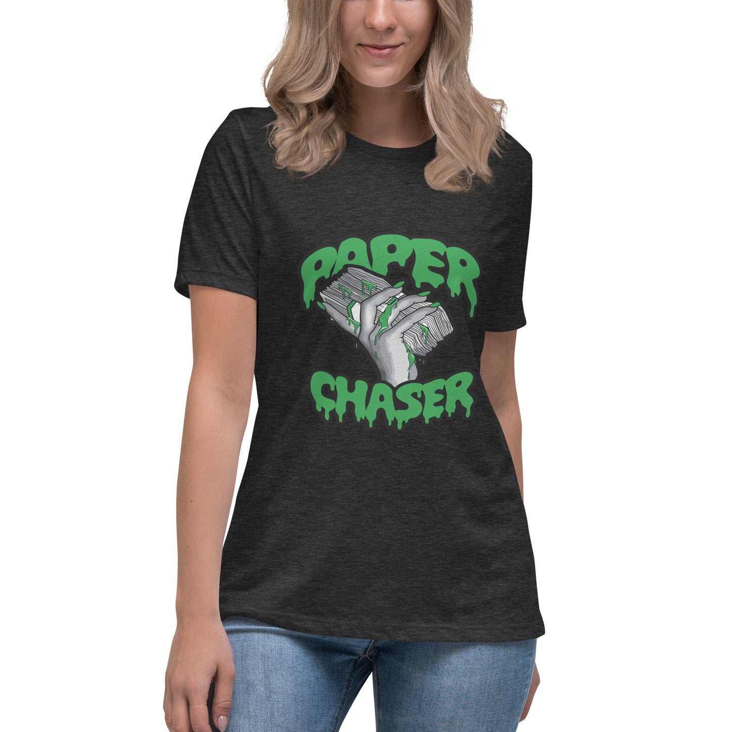 Paper Chaser T shirt with a bold money stack graphic, dripping green details and hand-drawn lettering, printed with high quality DTF printing in the UK.
