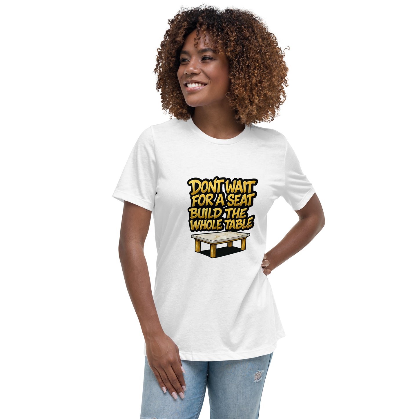 Don’t Wait for a Seat Build the Whole Table T shirt design with bold gold lettering and a marble table graphic, created for motivational apparel, entrepreneur success clothing and professionally printed with high quality DTF printing in the UK