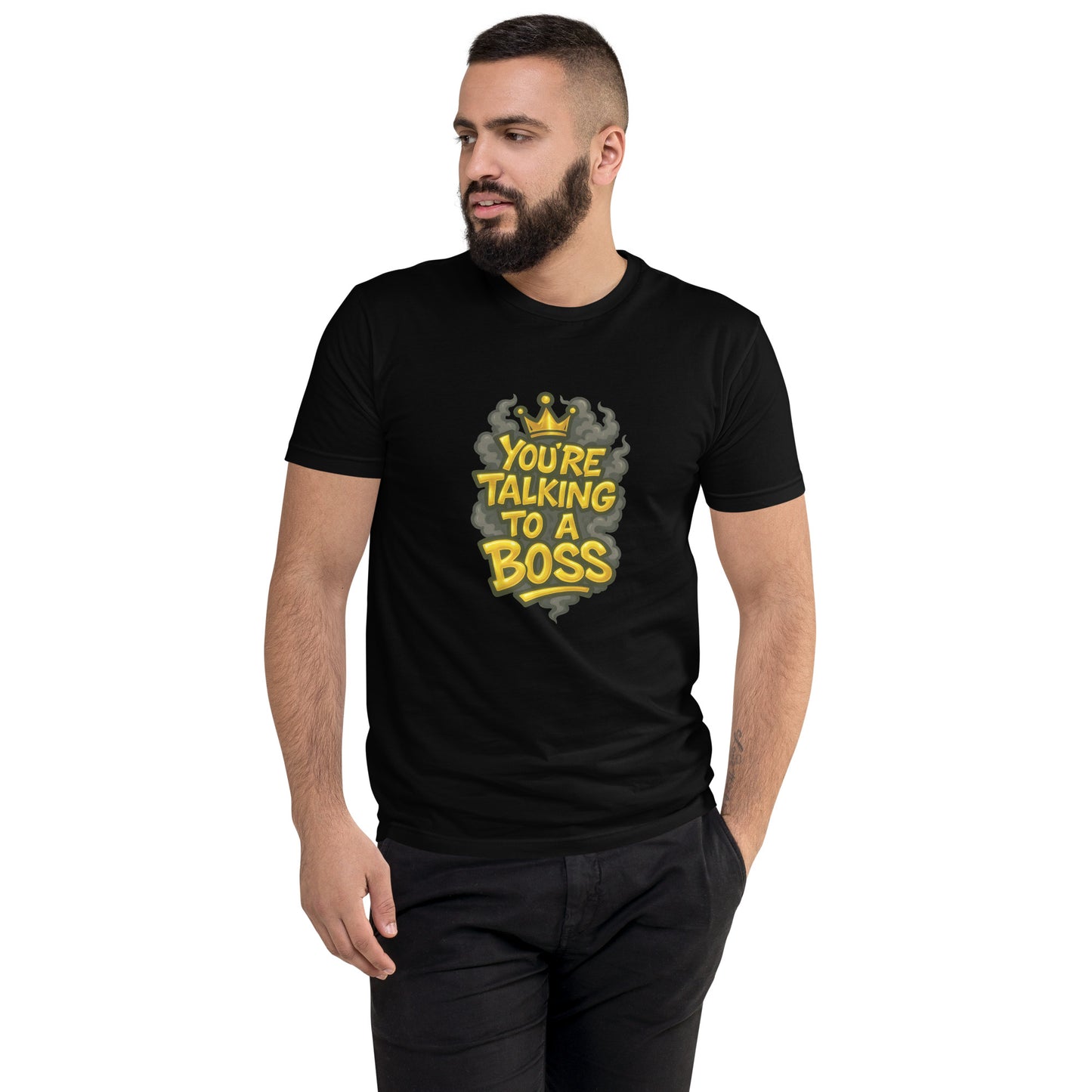 You’re Talking To A Boss T shirt design with bold gold lettering, crown detail and smoky background, perfect for urban streetwear, motivational graphic apparel and custom DTF printing UK