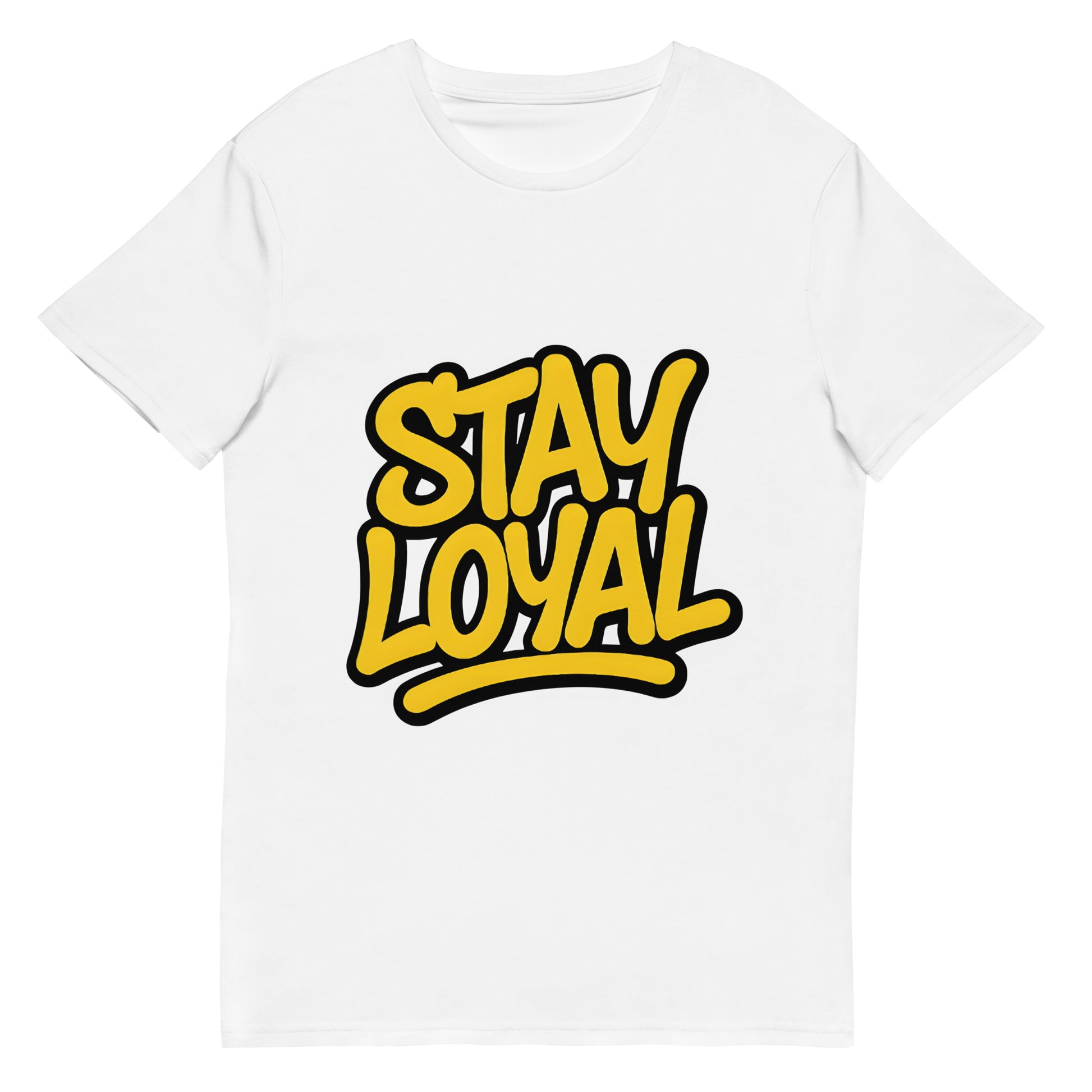 stay loyal printed t shirt with bold yellow slogan lettering and dripping street style graphic design