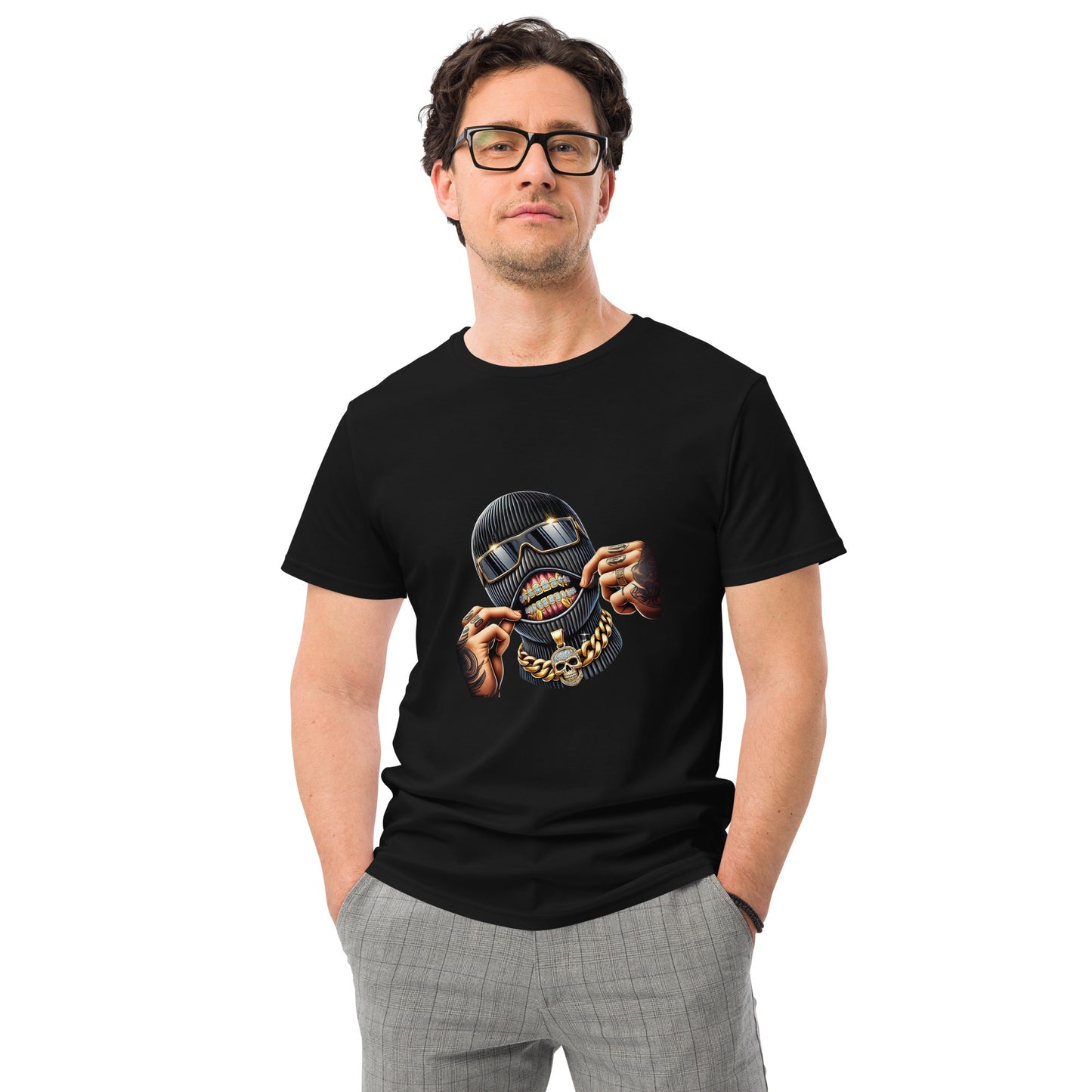 Diamond grills ski mask graphic T-shirt featuring gold chains, tattooed hands and bold streetwear artwork, printed with high-quality DTF printing in the UK.