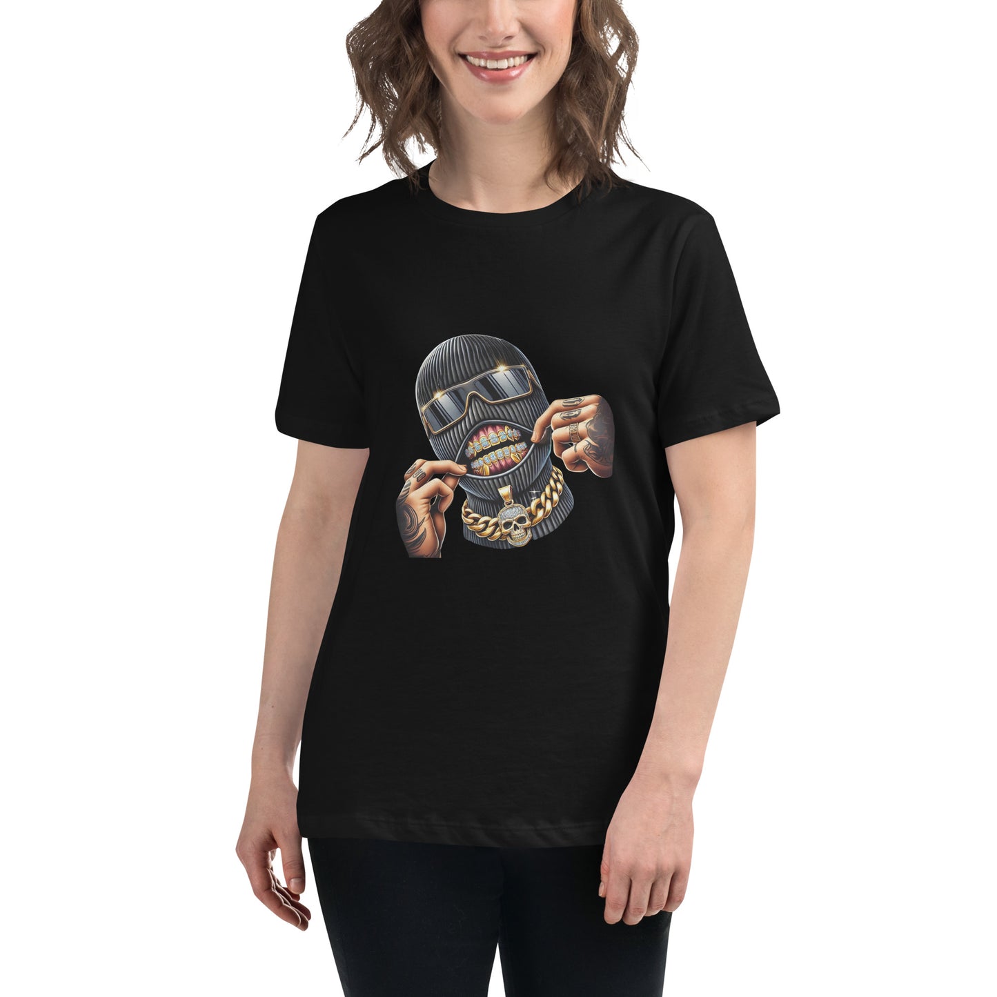 Diamond grills ski mask graphic T-shirt featuring gold chains, tattooed hands and bold streetwear artwork, printed with high-quality DTF printing in the UK.