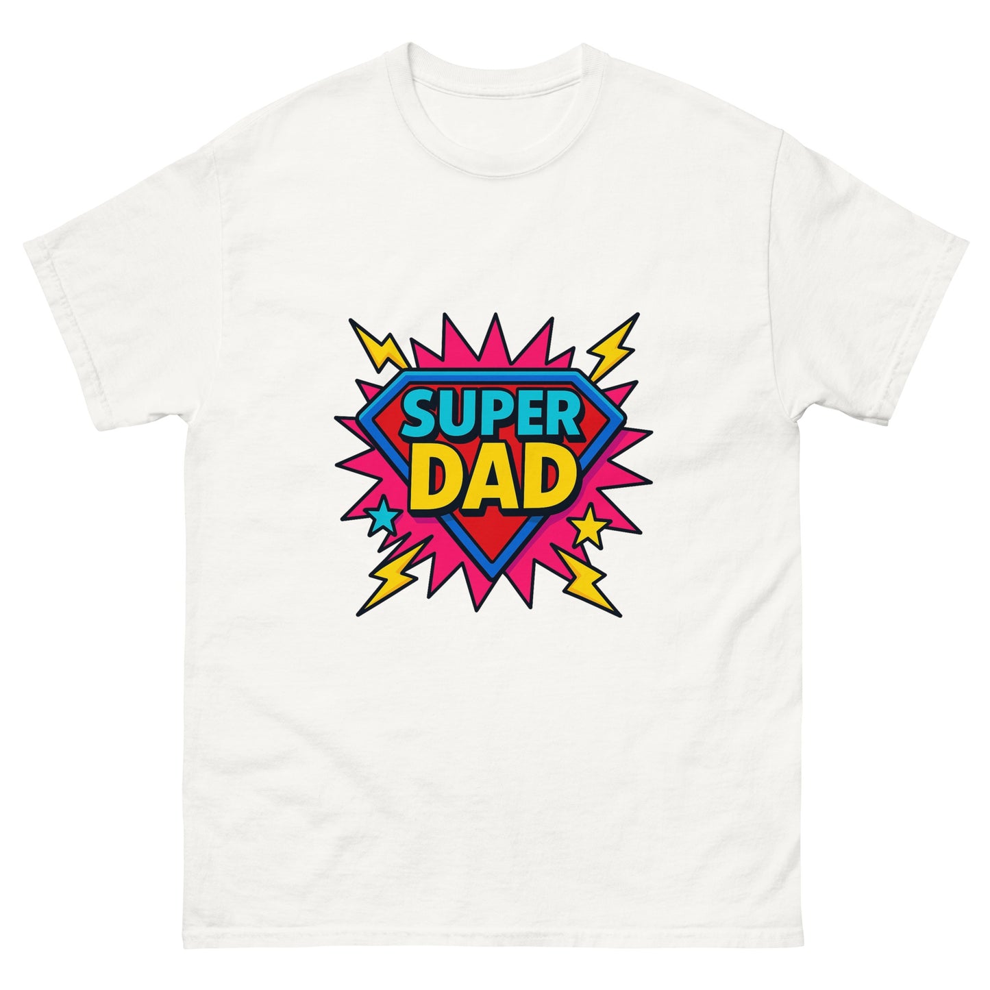 super dad printed t shirt with bold superhero shield graphic, colourful comic style design and lightning bolt details celebrating fatherhood
