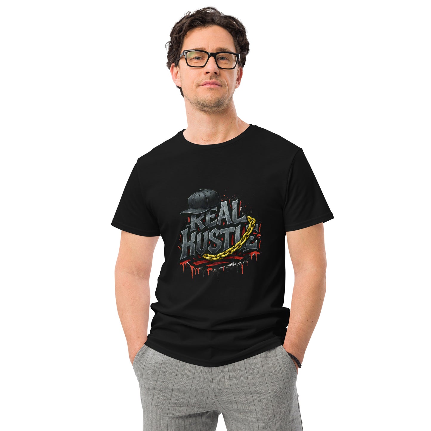 Real Hustle streetwear T shirt featuring cracked graffiti lettering, a snapback cap and gold chain artwork, printed with high quality DTF printing in the UK.
