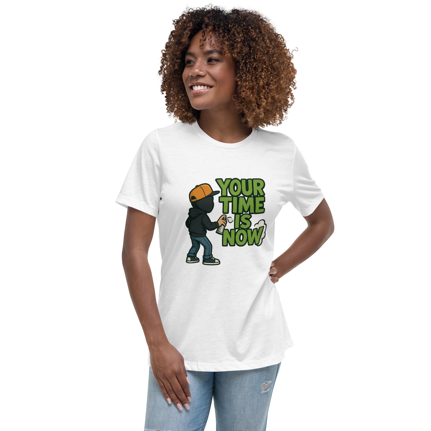 Your Time Is Now T shirt design featuring a graffiti-style motivational message and a hooded street artist with a spray can, perfect for inspirational streetwear, urban mindset apparel and professionally printed with high quality DTF printing in the UK