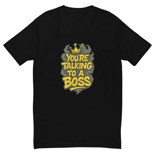 You’re Talking To A Boss T shirt design with bold gold lettering, crown detail and smoky background, perfect for urban streetwear, motivational graphic apparel and custom DTF printing UK