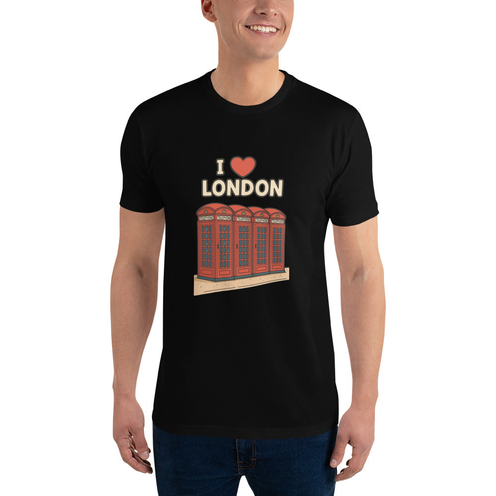 I Love London T shirt design with classic red British telephone boxes and bold lettering, perfect for UK souvenir clothing, London themed apparel and British travel gifts printed with high quality DTF printing UK