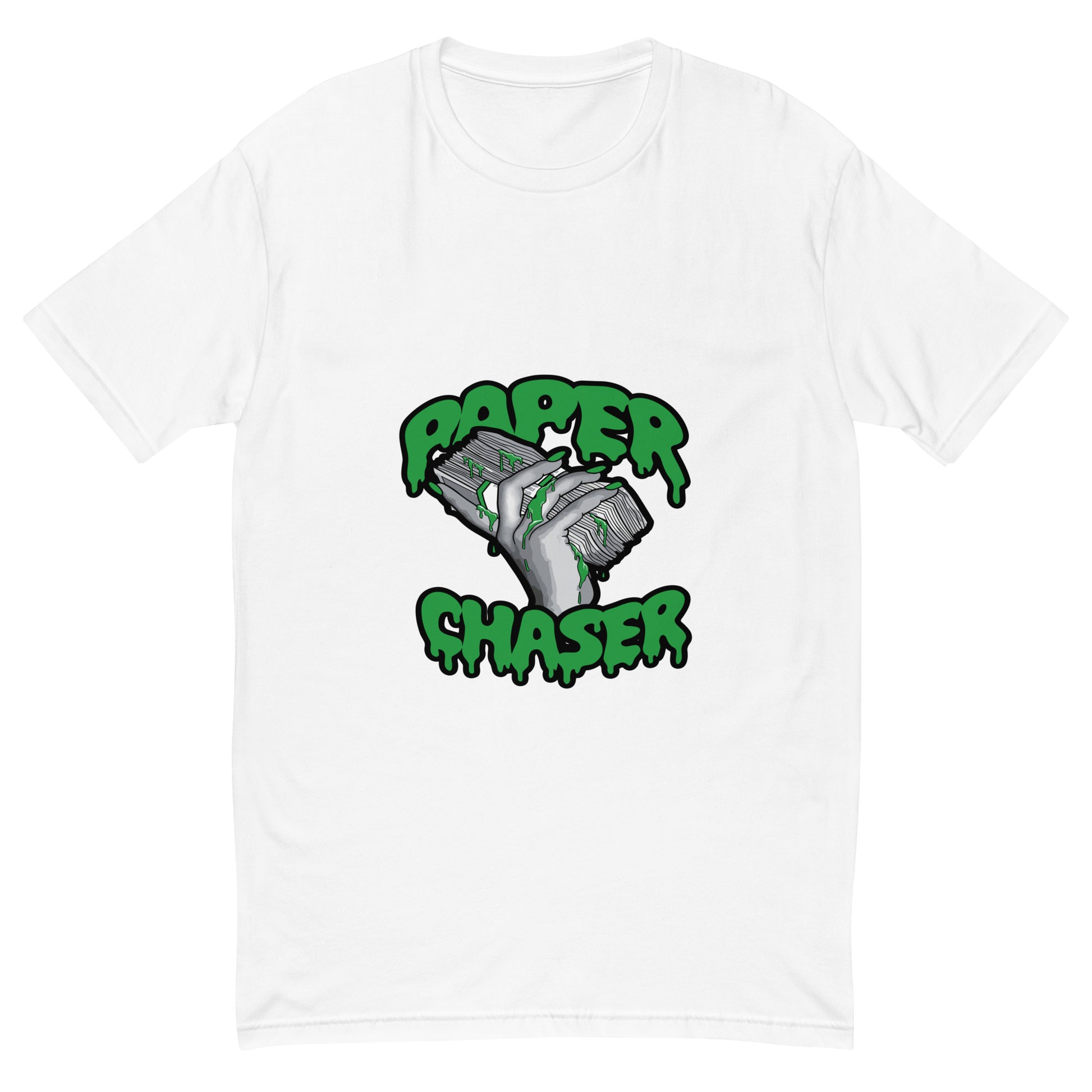 Paper Chaser T shirt with a bold money stack graphic, dripping green details and hand-drawn lettering, printed with high quality DTF printing in the UK.
