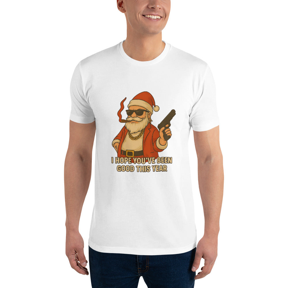 A bold and funny Santa streetwear design with sunglasses, cigar and a stylised weapon, printed with high-quality DTF printing in the UK.