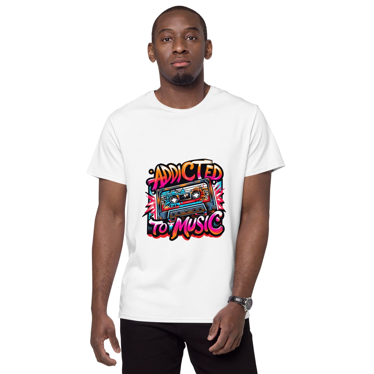 Addicted to Music T shirt featuring a vibrant neon cassette tape with bold retro colours, designed for music lovers in the UK who enjoy expressive streetwear and high quality DTF printed artistic music apparel.