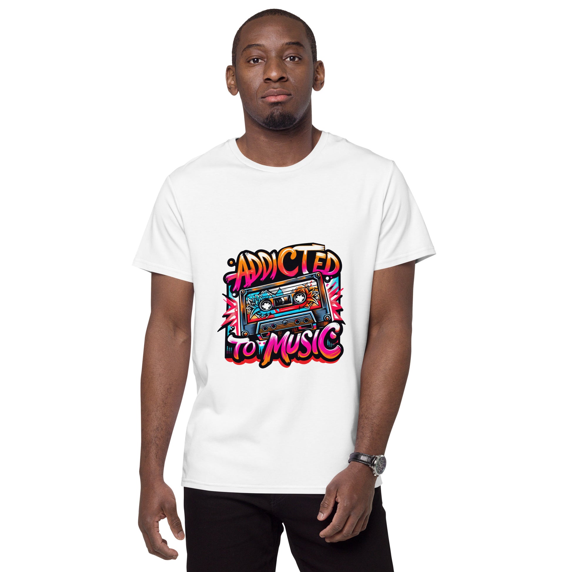 Addicted to Music T shirt featuring a vibrant neon cassette tape with bold retro colours, designed for music lovers in the UK who enjoy expressive streetwear and high quality DTF printed artistic music apparel.