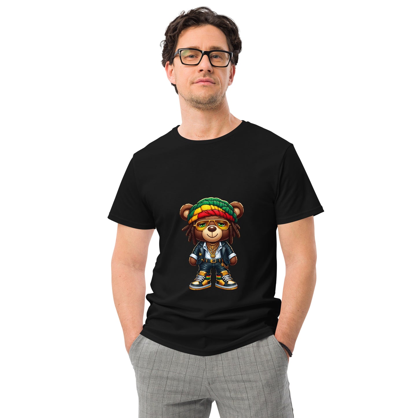 Rasta Bear T shirt featuring a colourful reggae-inspired cartoon bear in bold streetwear, ideal for fans of reggae culture and urban fashion and printed with high quality DTF printing in the UK.


