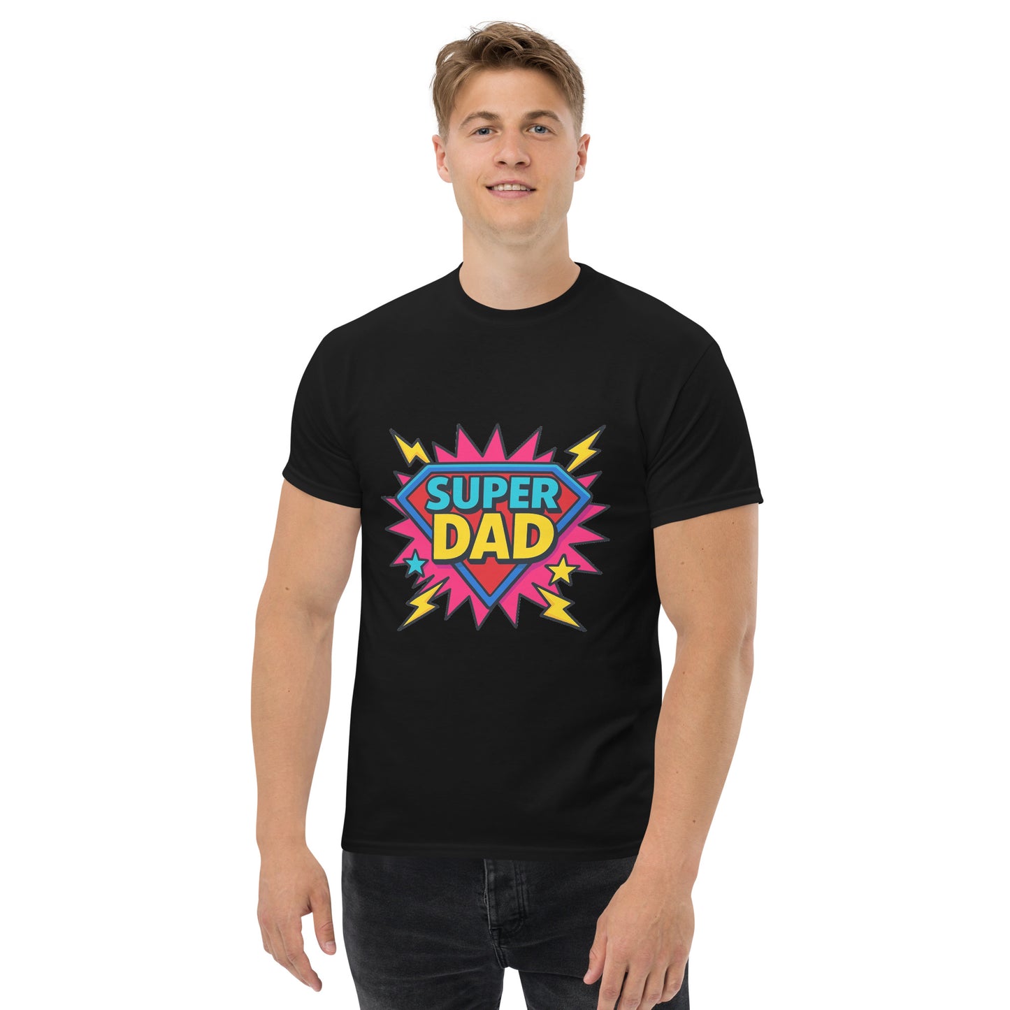 super dad printed t shirt with bold superhero shield graphic, colourful comic style design and lightning bolt details celebrating fatherhood