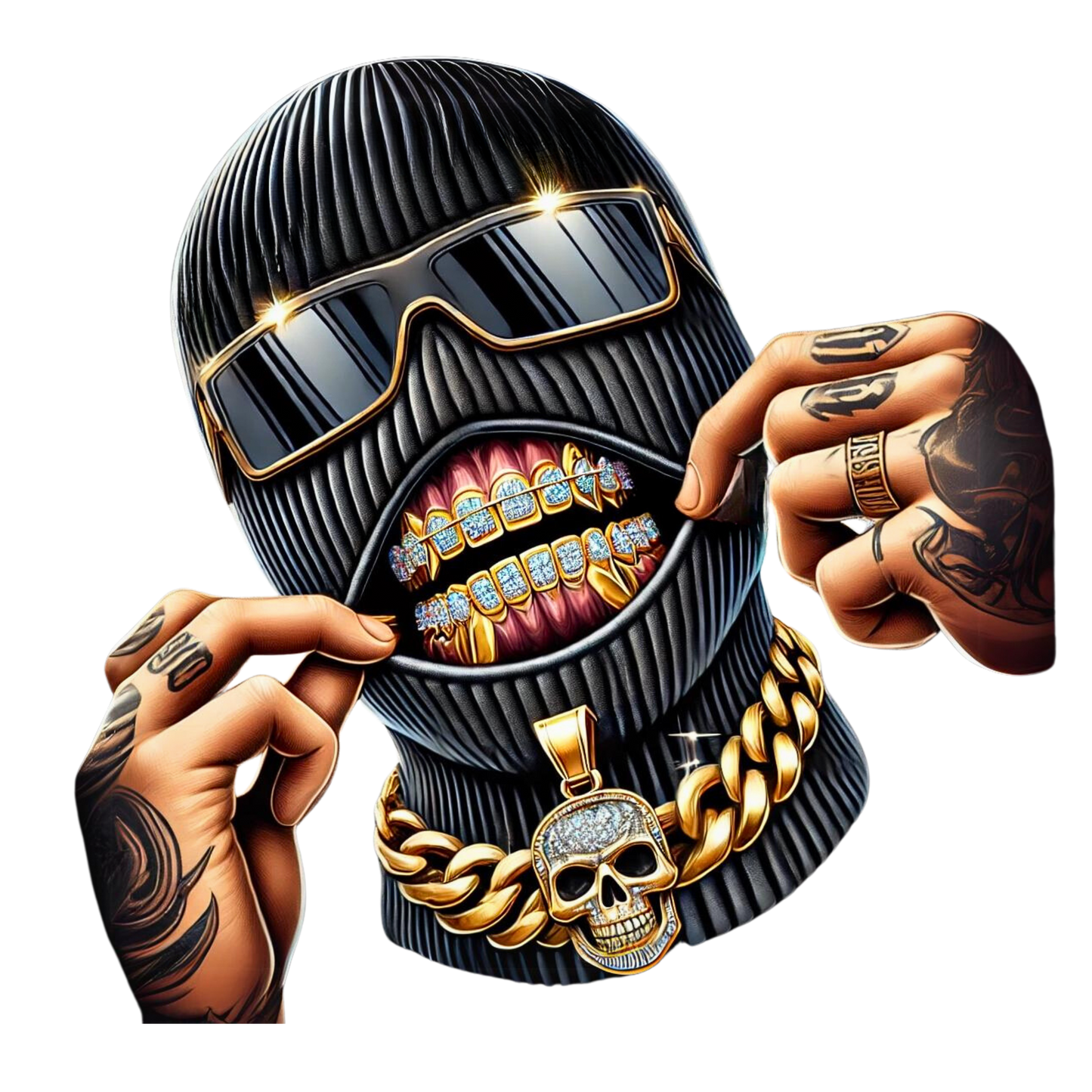 Illustration of a gangster wearing a ski mask with gold diamond grillz, sunglasses, and a gold skull chain

