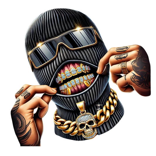 Illustration of a gangster wearing a ski mask with gold diamond grillz, sunglasses, and a gold skull chain

