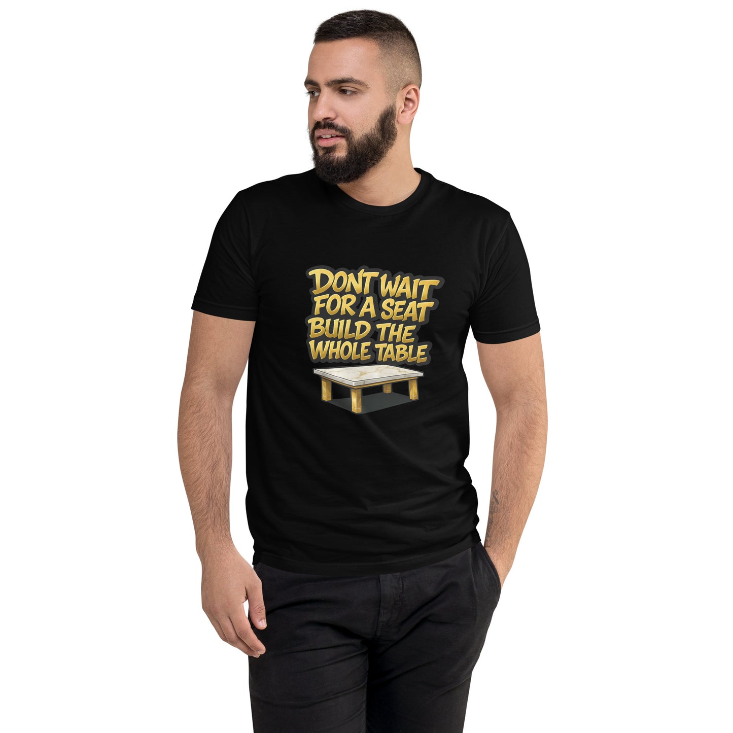Don’t Wait for a Seat Build the Whole Table T shirt design with bold gold lettering and a marble table graphic, created for motivational apparel, entrepreneur success clothing and professionally printed with high quality DTF printing in the UK
