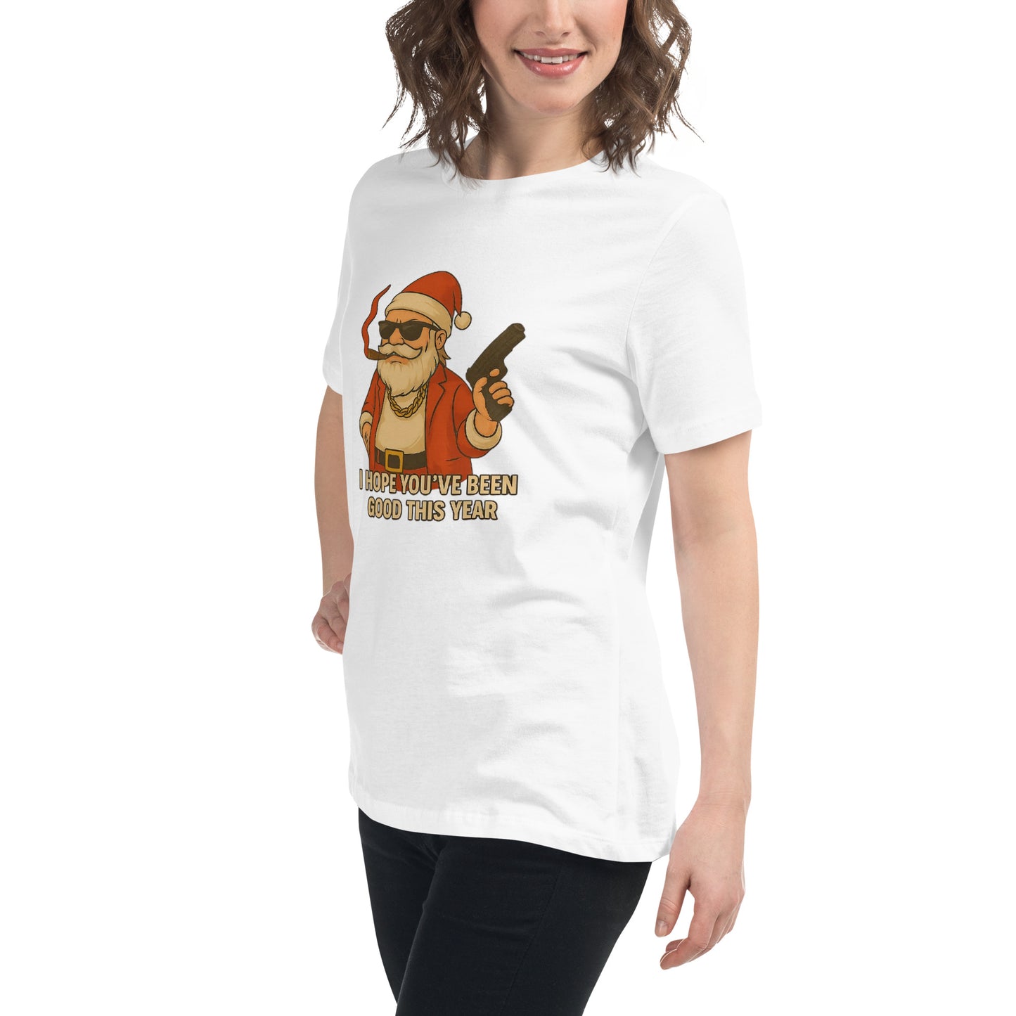 A bold and funny Santa streetwear design with sunglasses, cigar and a stylised weapon, printed with high-quality DTF printing in the UK.