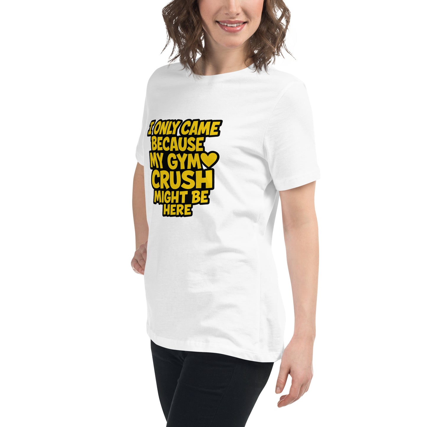 I Only Came Because My Gym Crush Might Be Here T shirt design with bold yellow lettering and heart graphic, perfect for funny gym apparel, fitness humour clothing and custom DTF printing UK