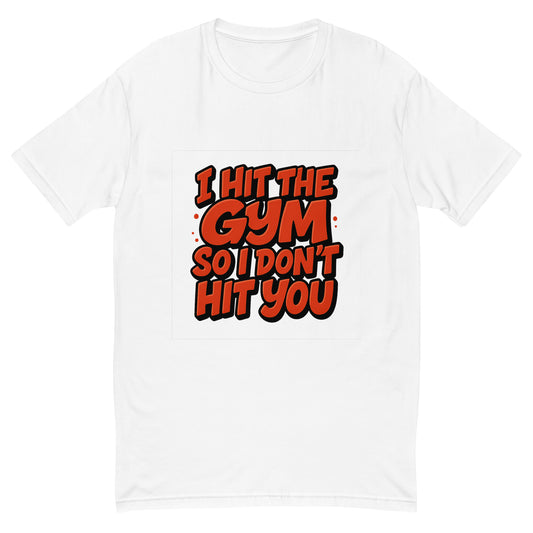 I Hit The Gym So I Don’t Hit You T shirt design with bold red comic lettering, perfect for funny gym apparel, fitness humour clothing and custom DTF printing UK