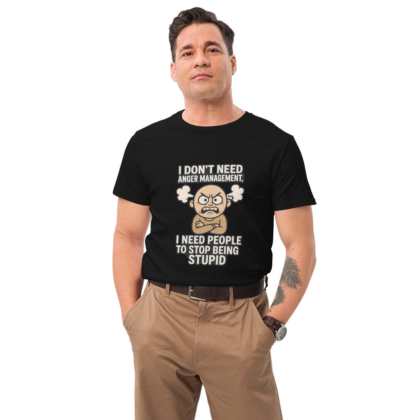 Funny T-shirt design featuring an angry cartoon character with the quote “I don’t need anger management, I need people to stop being stupid,” printed in the UK by RMStudioPrint.