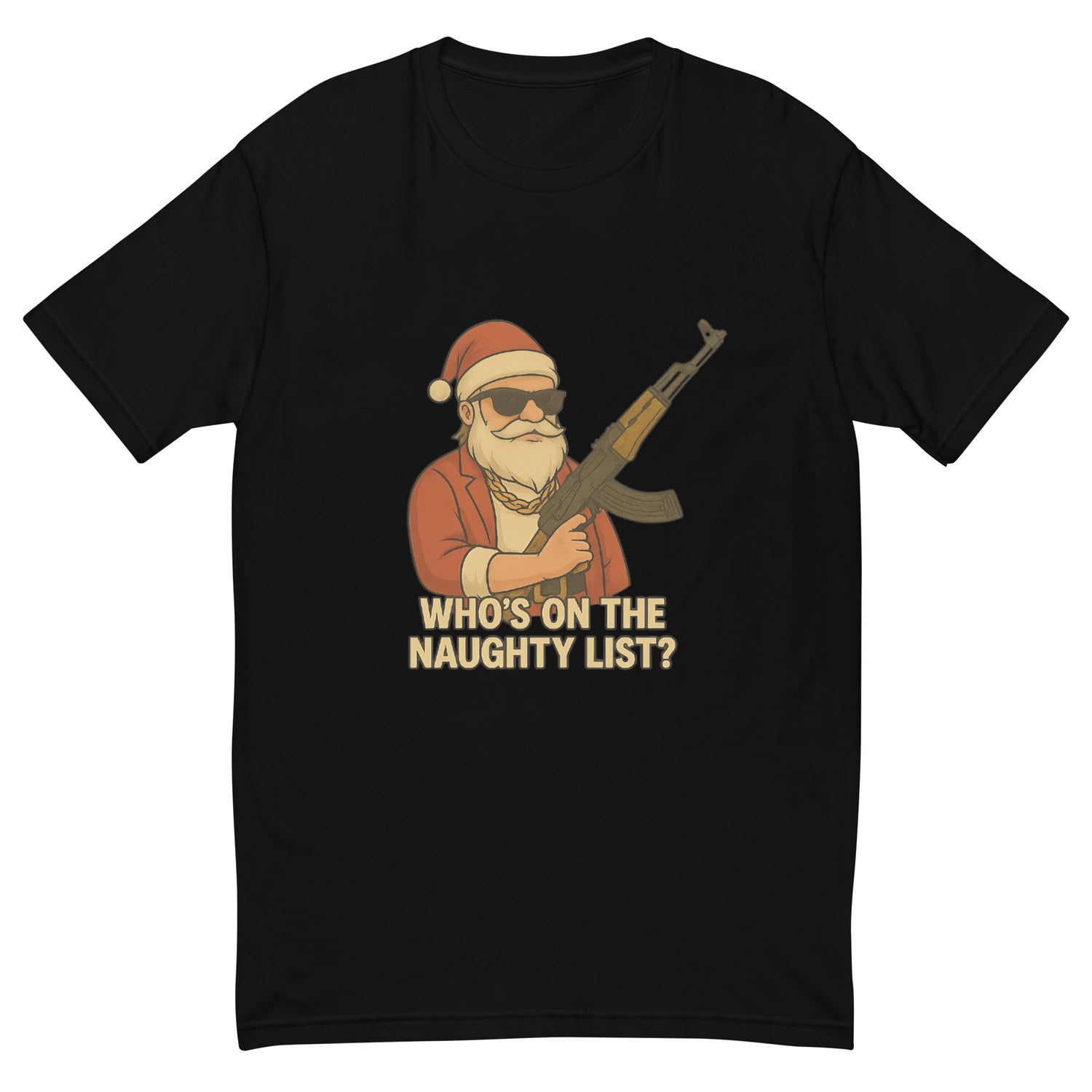 A funny streetwear Santa graphic with sunglasses, gold chain and a stylised weapon, printed with high-quality DTF printing in the UK.