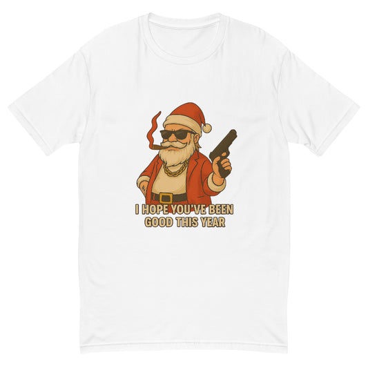 A bold and funny Santa streetwear design with sunglasses, cigar and a stylised weapon, printed with high-quality DTF printing in the UK.
