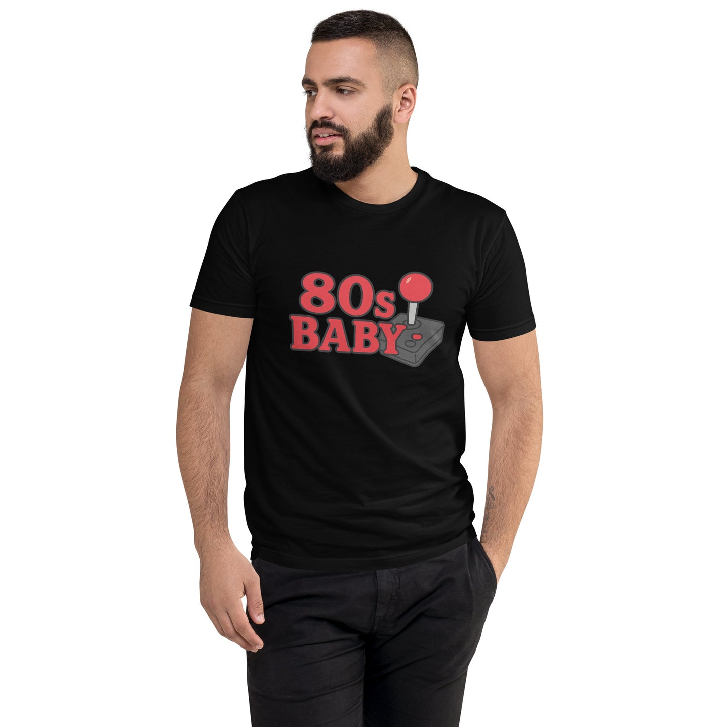 80s Baby T shirt design featuring a retro gaming joystick graphic, perfect for vintage gamer apparel, 80s themed clothing and nostalgic arcade style printed with high quality DTF printing UK