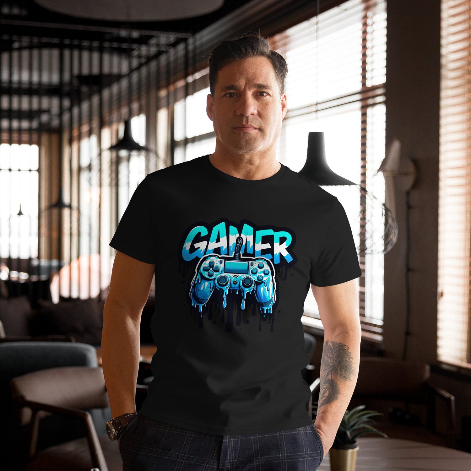 Gamer T shirt with dripping game controller graphic design
