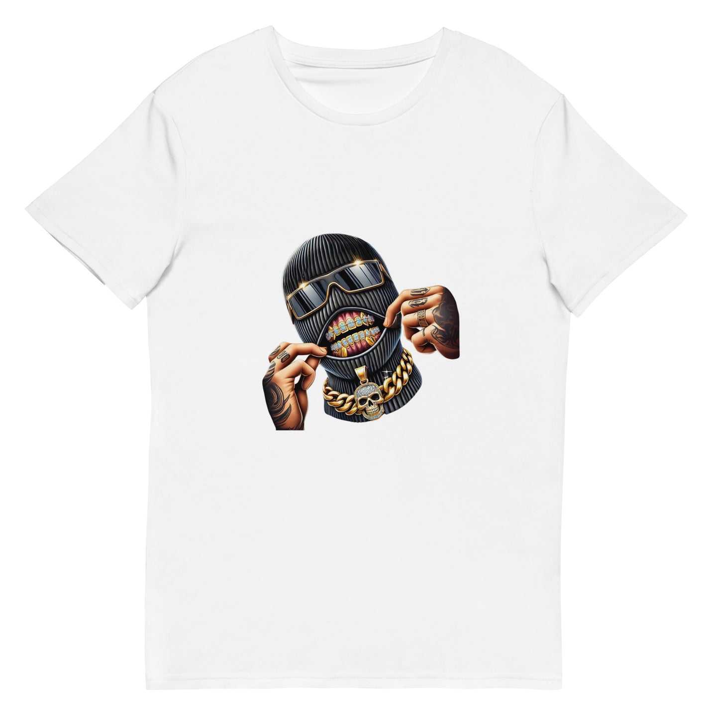 Diamond grills ski mask graphic T-shirt featuring gold chains, tattooed hands and bold streetwear artwork, printed with high-quality DTF printing in the UK.
