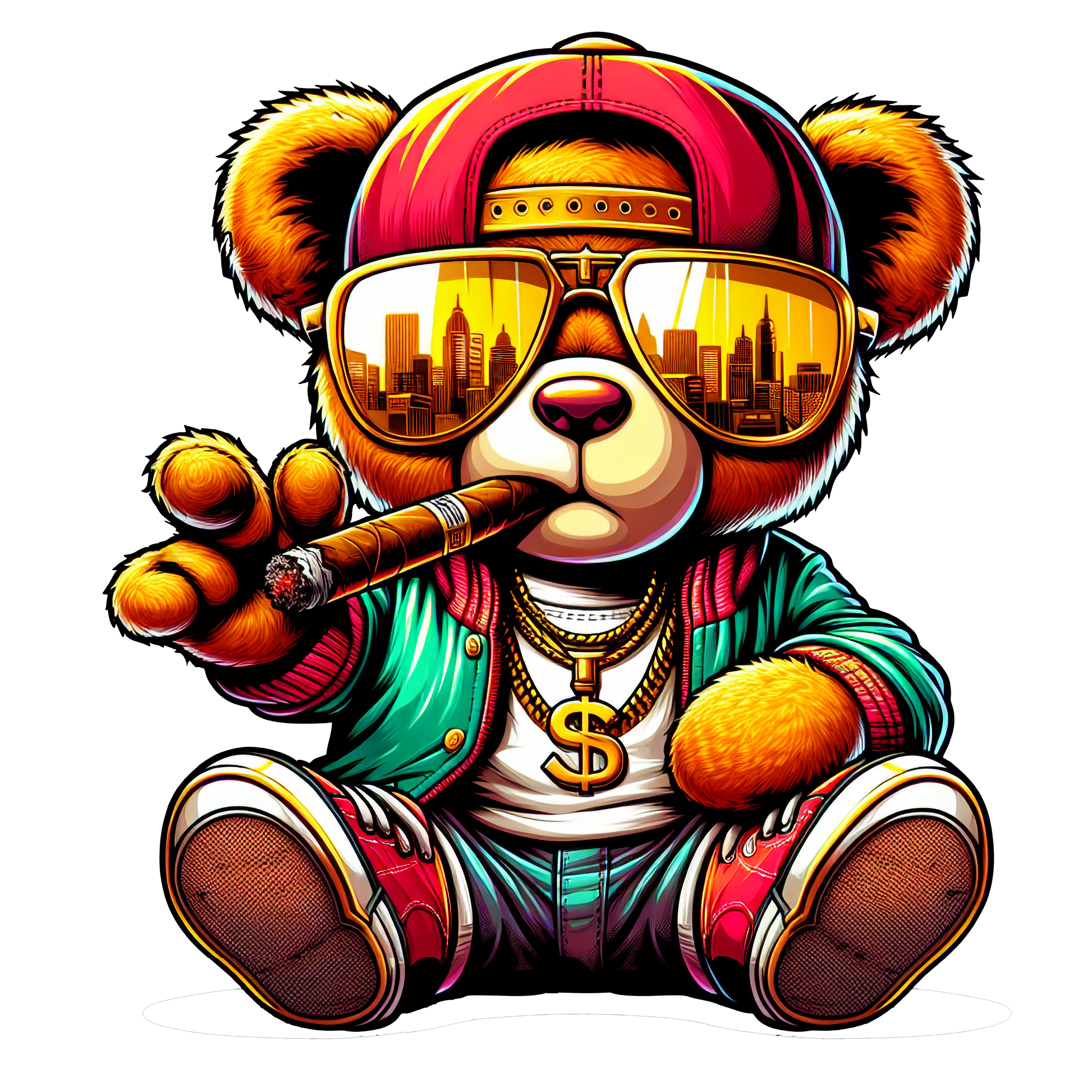 A stylish gangster teddy bear wearing gold chains, sunglasses and a cap while holding a cigar in a vibrant streetwear cartoon design.