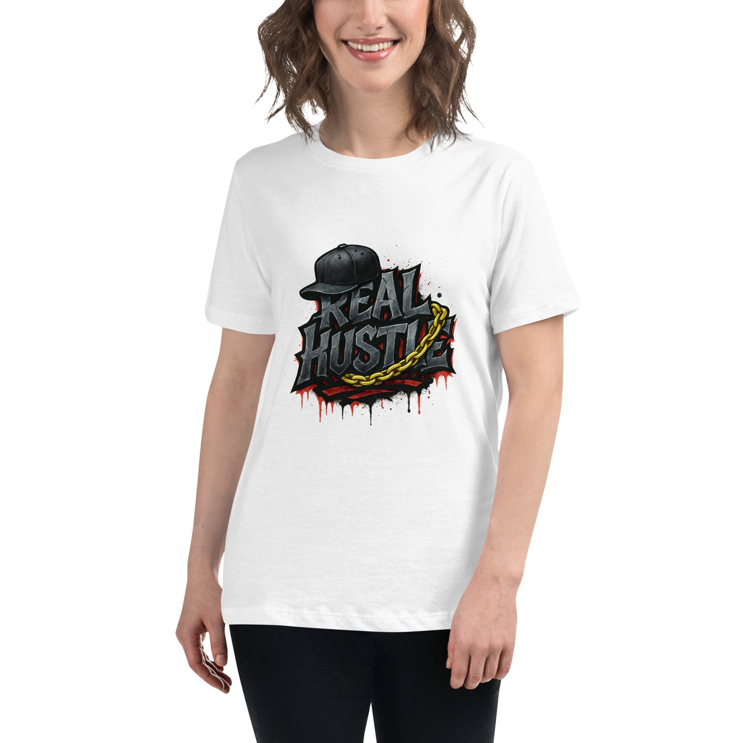 Real Hustle streetwear T shirt featuring cracked graffiti lettering, a snapback cap and gold chain artwork, printed with high quality DTF printing in the UK.

