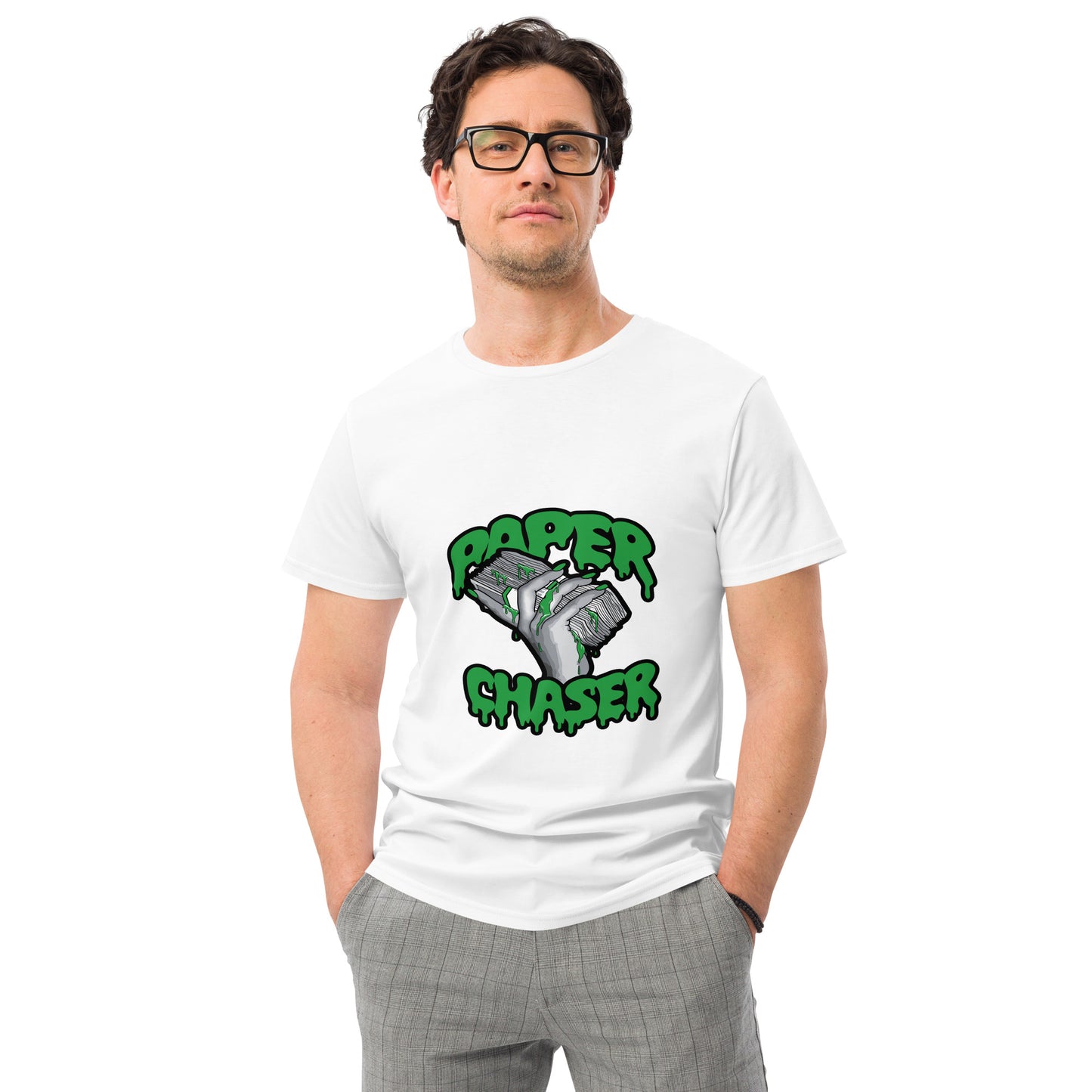 Paper Chaser T shirt with a bold money stack graphic, dripping green details and hand-drawn lettering, printed with high quality DTF printing in the UK.

