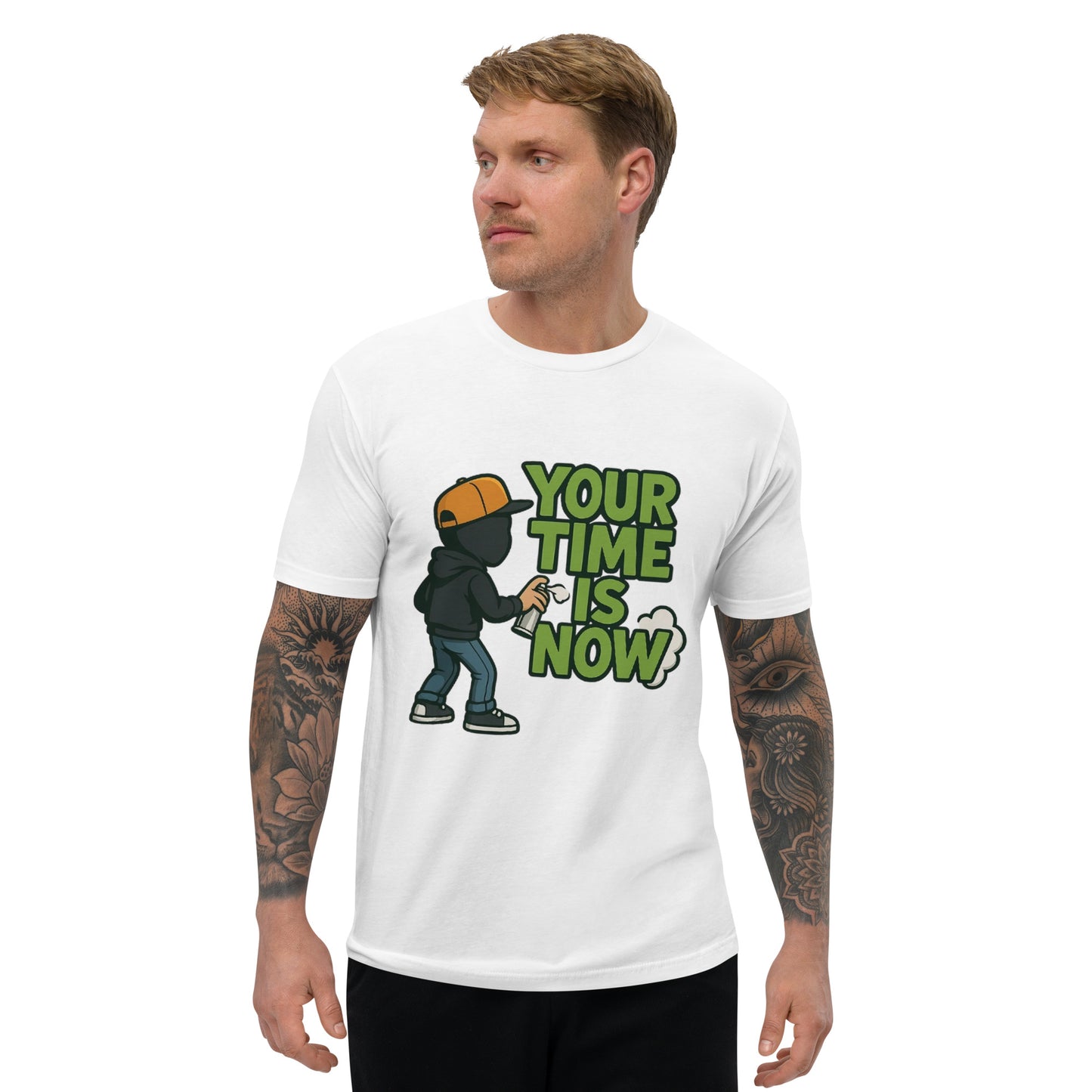 Your Time Is Now T shirt design featuring a graffiti-style motivational message and a hooded street artist with a spray can, perfect for inspirational streetwear, urban mindset apparel and professionally printed with high quality DTF printing in the UK