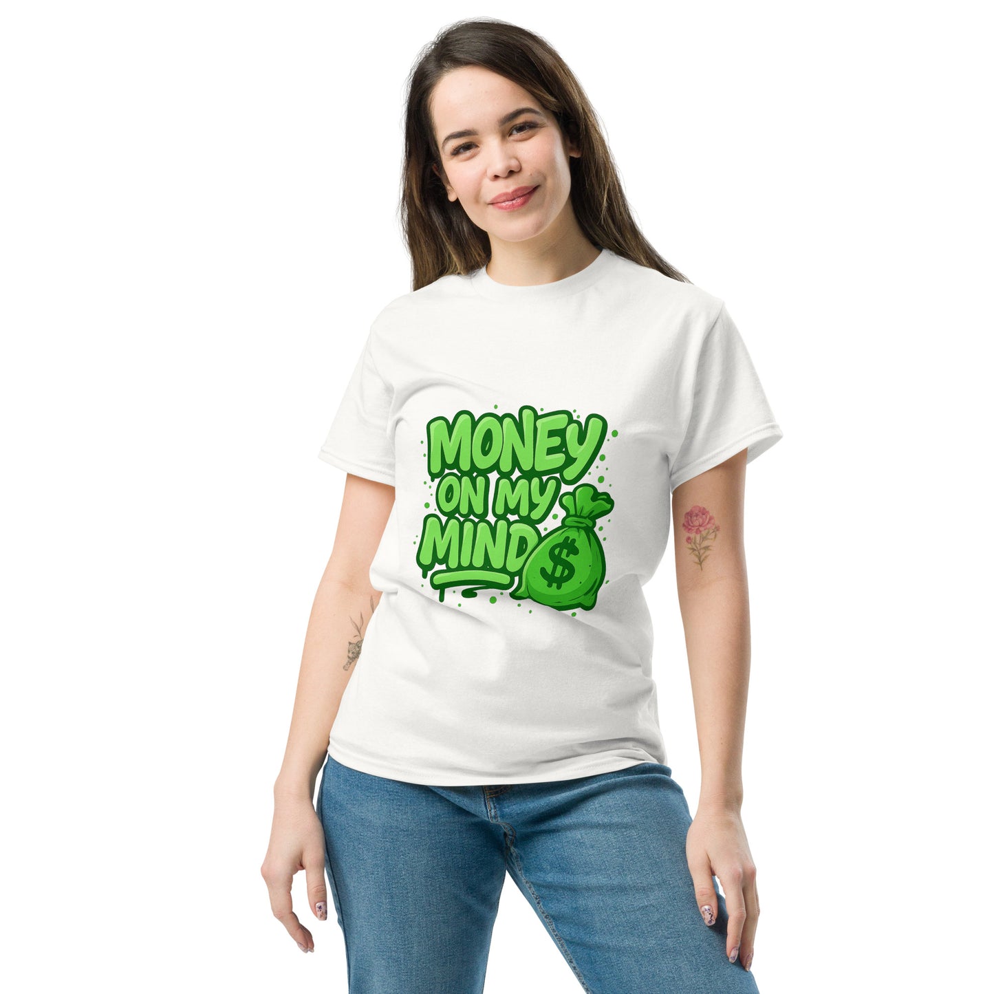 green money on my mind graphic with cash bag illustration for t shirt design