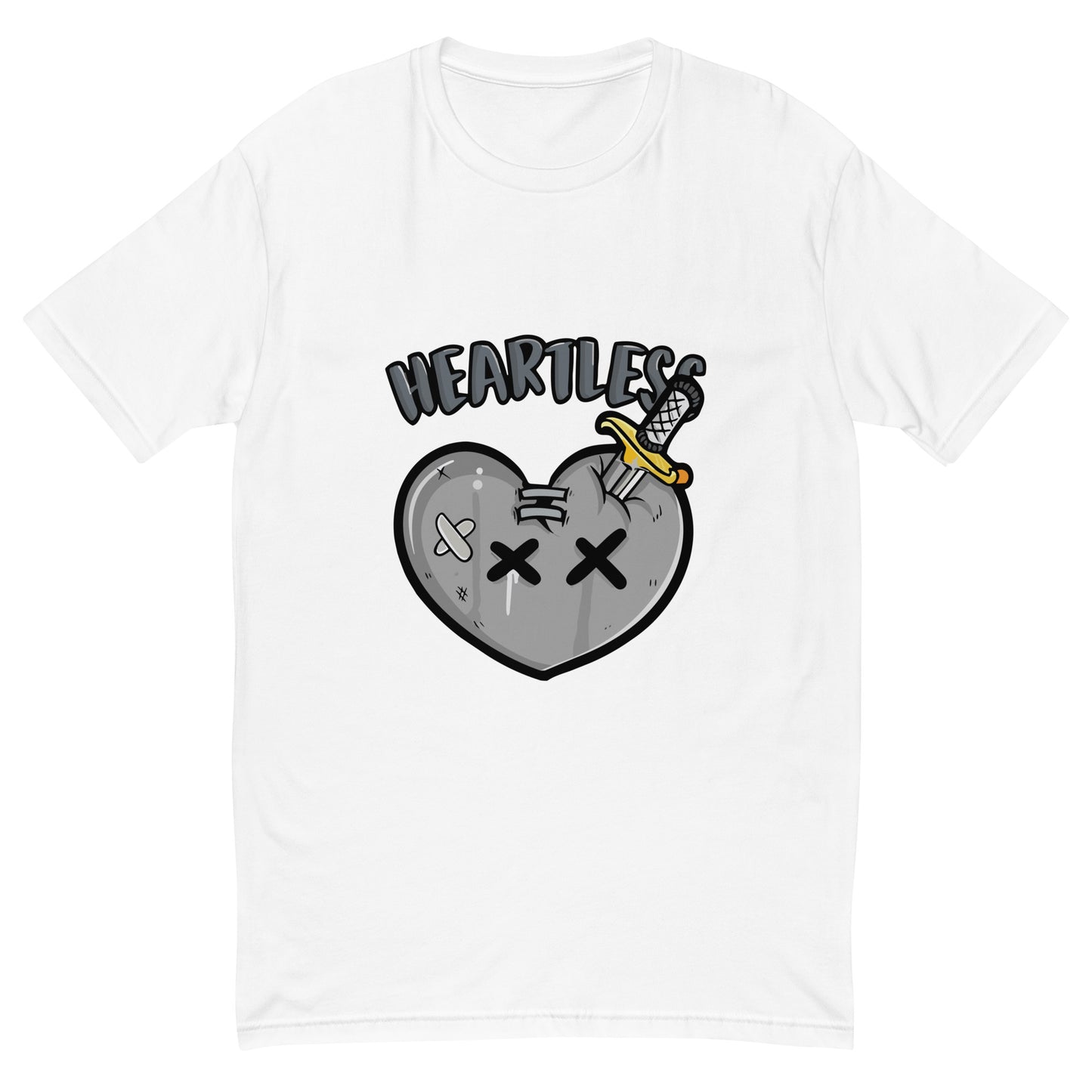 Heartless streetwear T shirt with a broken heart cartoon graphic, dagger artwork and bold lettering, printed with high quality DTF printing in the UK.
