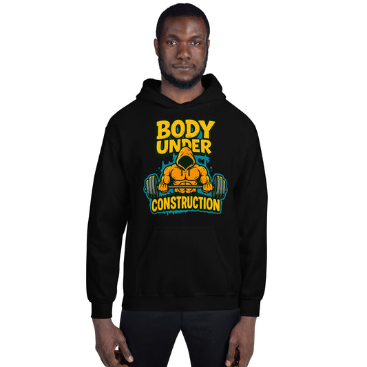 High-quality printed gym hoodie for men and women – Body Under Construction graphic in yellow and teal
