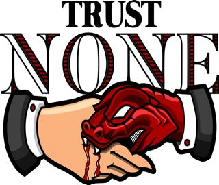 A bold “Trust None” streetwear graphic featuring a red snake biting through a handshake, printed with high-quality DTF printing in the UK.

