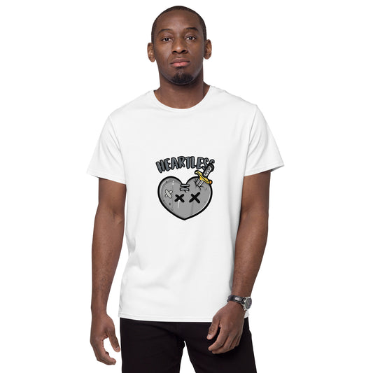 Heartless streetwear T shirt with a broken heart cartoon graphic, dagger artwork and bold lettering, printed with high quality DTF printing in the UK.
