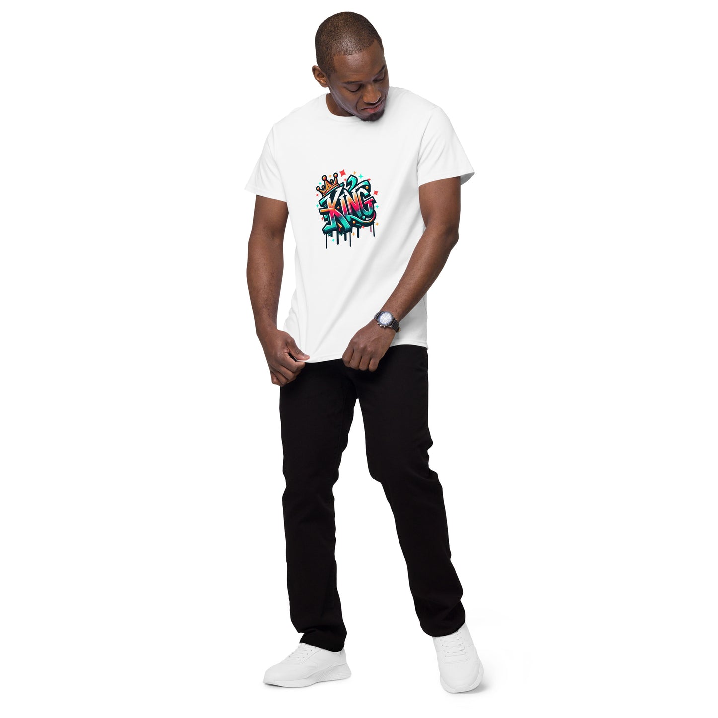 KING streetwear T shirt design featuring bold graffiti lettering with a crown illustration, created for fans of urban fashion and hip-hop style and professionally printed with high quality DTF printing in the UK.

